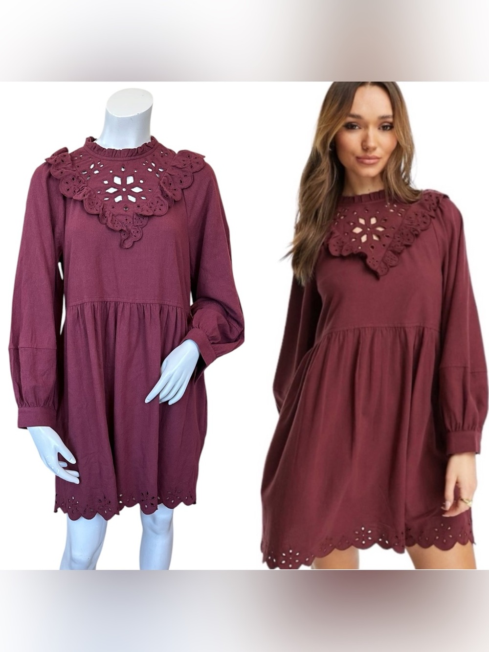 Madewell Muted Red Flannel High Neck Eyelet Embroidered Boho Mini Dress Small